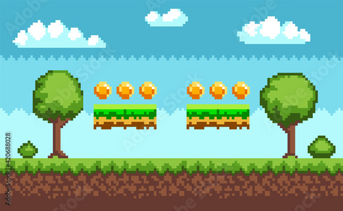 Pixel-game background with coins flying in sky. Pixel art game scene with green grass and tall trees