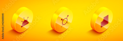 Set Isometric Needle bed and needles, Sewing button knitting and Pattern icon. Vector