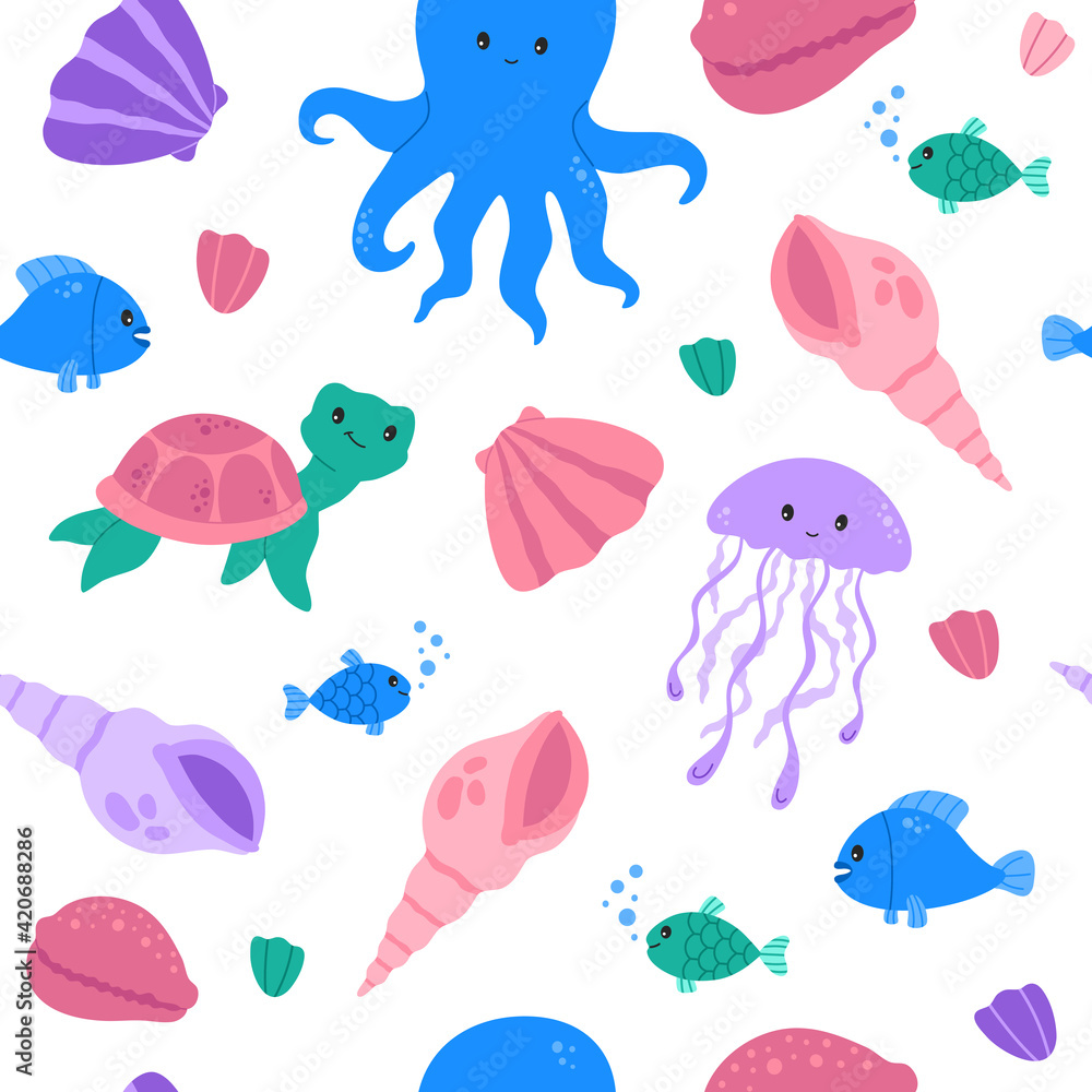 Kawaii seamless pattern with cute baby octopus, fishes and turtle. Marine life, wild ocean animals, modern trendy vector flat cartoon illustration on white background, repeat design, kids wallpaper