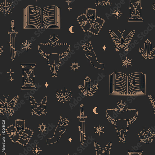 Boho magical seamless pattern, witchcraft objects moon, eye, hands,  sun, gold simple line, bohemian mystic symbols and elements on black background. Modern trendy vector illustration in doodle style