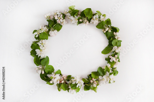 A beautiful wreath of green spring Apple branches with pink and white flowers and buds on a white background. 