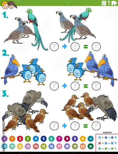 math addition educational task with birds characters
