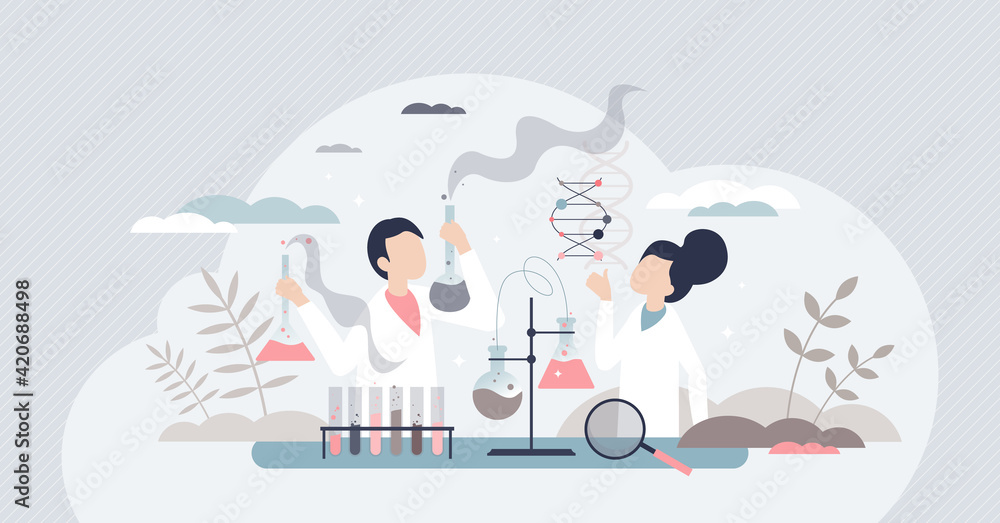 Science kids with educational laboratory for children tiny person concept