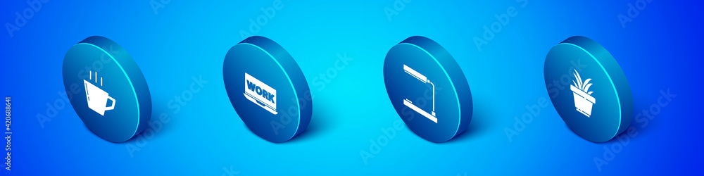 Set Isometric Coffee cup, Table lamp, Plant in pot and Laptop with text work icon. Vector Set Isometric Coffee cup, Table lamp, Plant in pot and Laptop with text work icon. Vector
