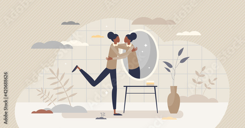 Self love hug as esteem and confidence for being woman tiny person concept
