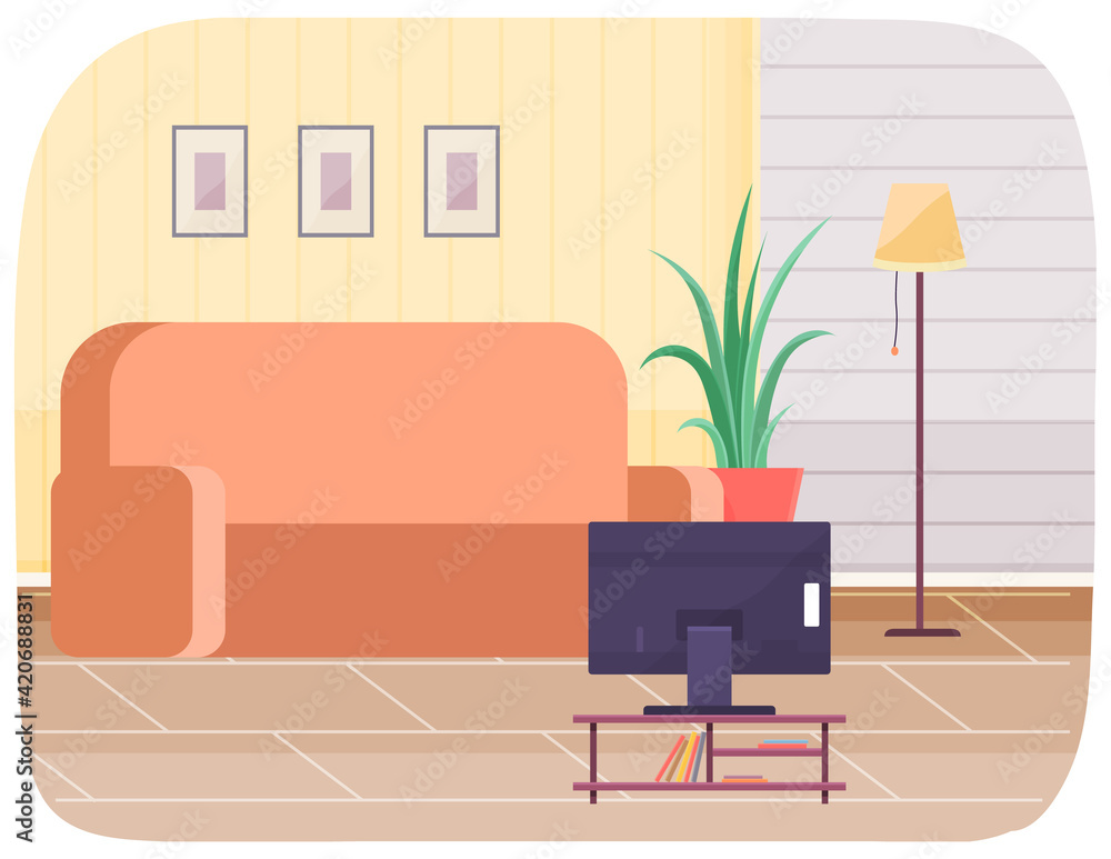Fototapeta premium Living room design layout. Interior and arrangement of furniture in apartment vector illustration