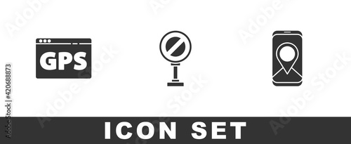 Set Gps device with map, Stop sign and City navigation icon. Vector