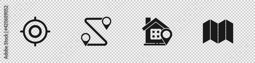 Set Target sport, Route location, Location with house and Folded map icon. Vector