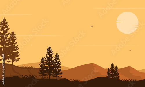 Nice view of the mountains at dusk from the edge of the city. Vector illustration