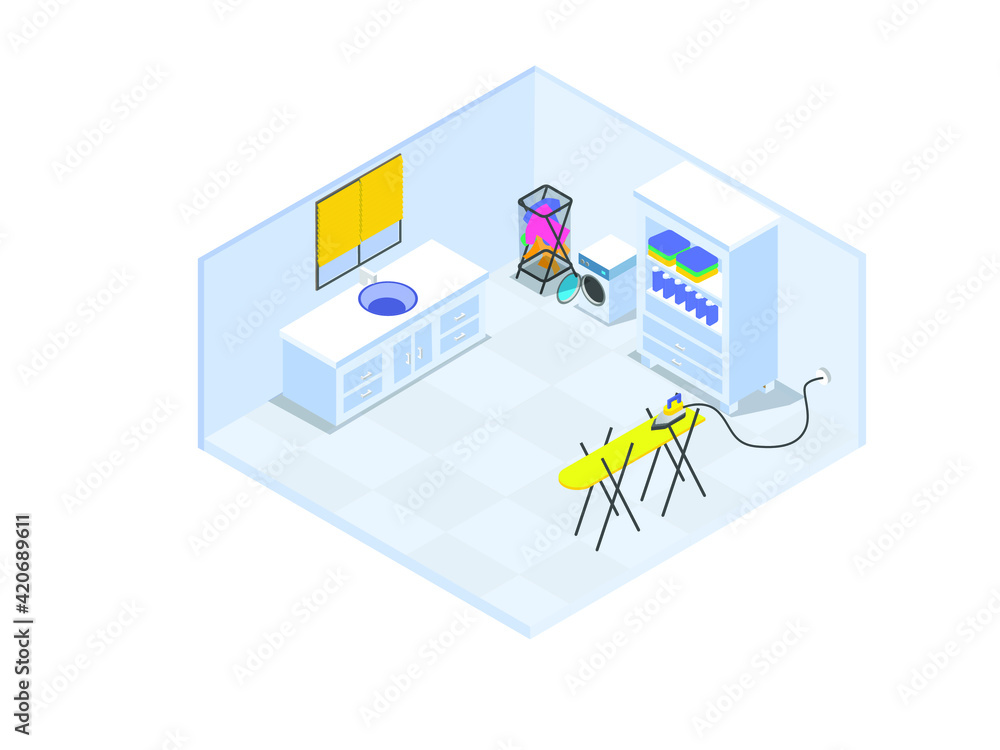 Modern simple laundry room with washing machine and iron, isometric vector concept