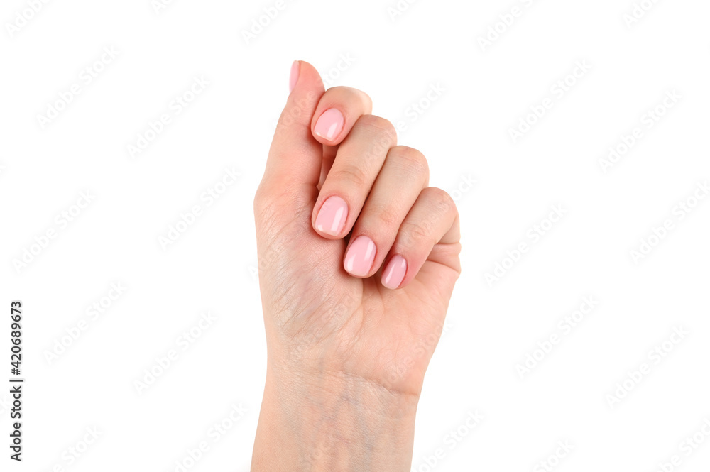 Beauty and skin care concept - female hand withpastel manicure isolated on white. Beauty and skin care concept - female hand withpastel manicure isolated on white.