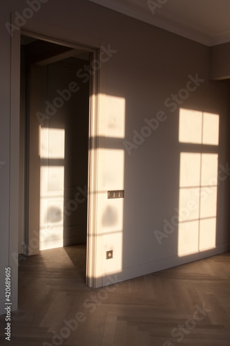 Close up view of modern and bright corner of empty cream room with ray of sunlight on wall and herringbone parquet floor