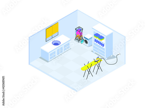 Modern simple laundry room with washing machine and iron, isometric vector concept