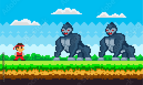 Pixel art game background with ninja warrior fighting with pixelated gorillas huge animals