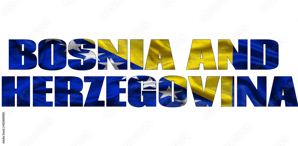 The word Bosnia and Herzegovina in the colors of the waving Bosnia and Herzegovina flag. Country name on isolated background. image - illustration.