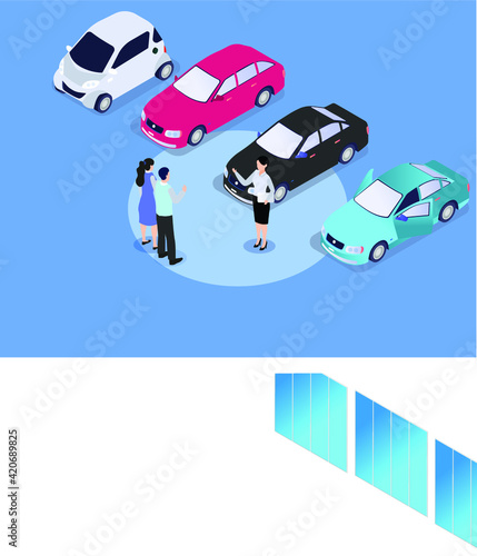 Car Loan vector concept: Couple looking at showroom approved car
