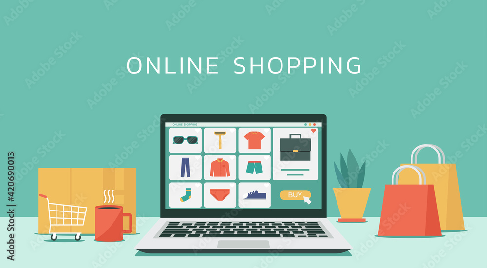 online shopping or digital store on computer laptop concept, men fashion products from e-shop with icons and goods, vector graphic flat design illustration online shopping or digital store on computer laptop concept, men fashion products from e-shop with icons and goods, vector graphic flat design illustration