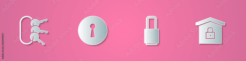 Set paper cut Bunch of keys, Keyhole, Lock and House under protection icon. Paper art style. Vector Set paper cut Bunch of keys, Keyhole, Lock and House under protection icon. Paper art style. Vector