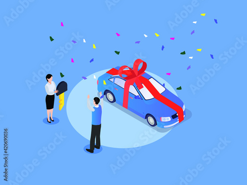 Happy man getting a car prize and receiving the key from dealer