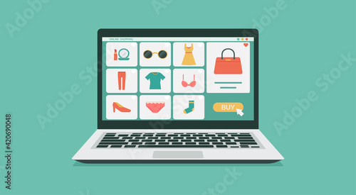 online shopping or digital store on laptop computer concept, women fashion products from e-shop with icons and goods, vector graphic flat design illustration