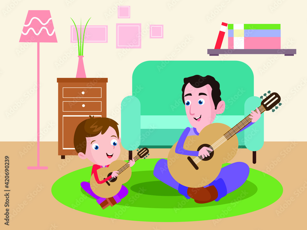 Boy and his father playing guitar together while sitting in the living room