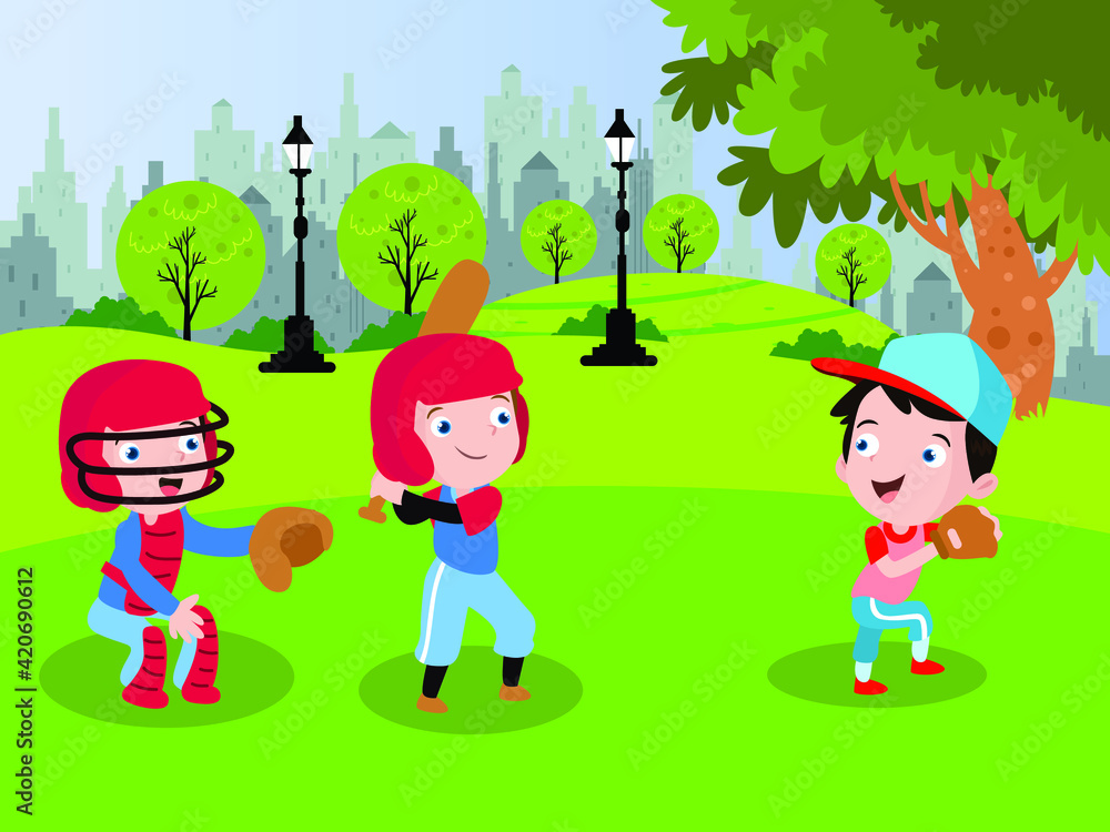 Children cartoon character playing baseball game at the park during summer time