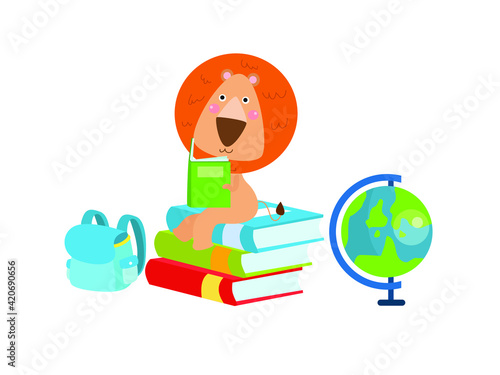 Cute lion cartoon character reading book while sitting on a stack of books with globe and bag, isolated on white background