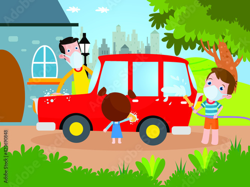 Happy children and their father washing a car at home during summer time