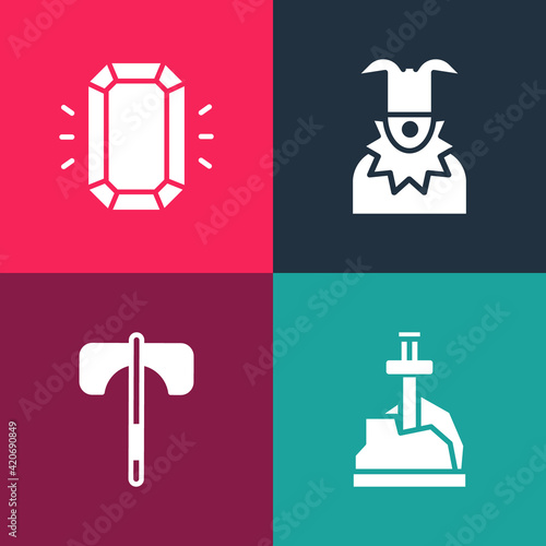 Set pop art Sword in the stone, Medieval axe, Joker head and Diamond icon. Vector