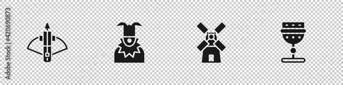 Set Battle crossbow with arrow, Joker head, Windmill and Medieval goblet icon. Vector