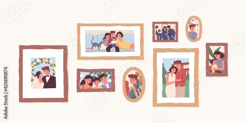 Set of family photo portraits in frames. Memorable pictures of happy parents and children at important moments and events in life. Colored flat vector illustration of photographs or snapshots © Good Studio