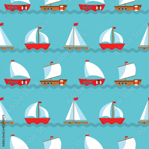 Seamless Pattern Background with Children's Cute ship. Vector Illustration