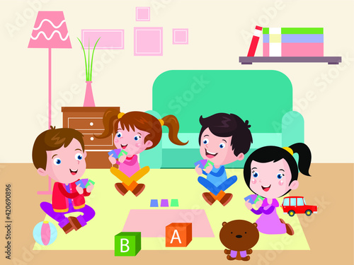 Happy children cartoon playing card together in the living room at home