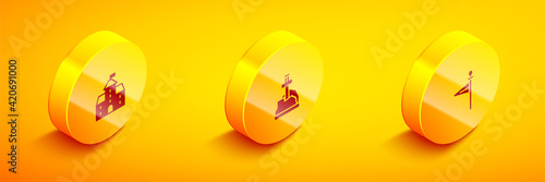 Set Isometric Castle, fortress, Sword in the stone and Medieval flag icon. Vector