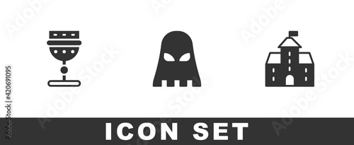 Set Medieval goblet, Executioner mask and Castle, fortress icon. Vector