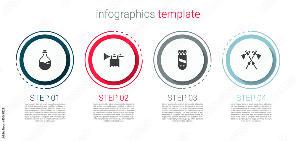 Set Old bottle of wine, Trumpet with flag, Quiver arrows and Crossed medieval axes. Business infographic template. Vector Set Old bottle of wine, Trumpet with flag, Quiver arrows and Crossed medieval axes. Business infographic template. Vector