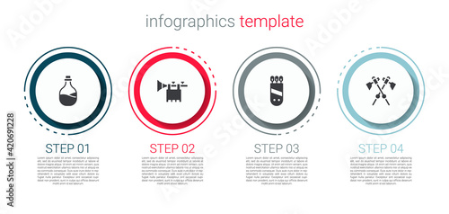 Set Old bottle of wine, Trumpet with flag, Quiver arrows and Crossed medieval axes. Business infographic template. Vector