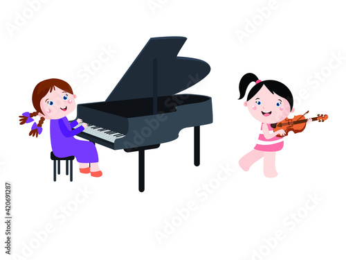 Cute little girls cartoon playing piano and violin together, isolated on white background