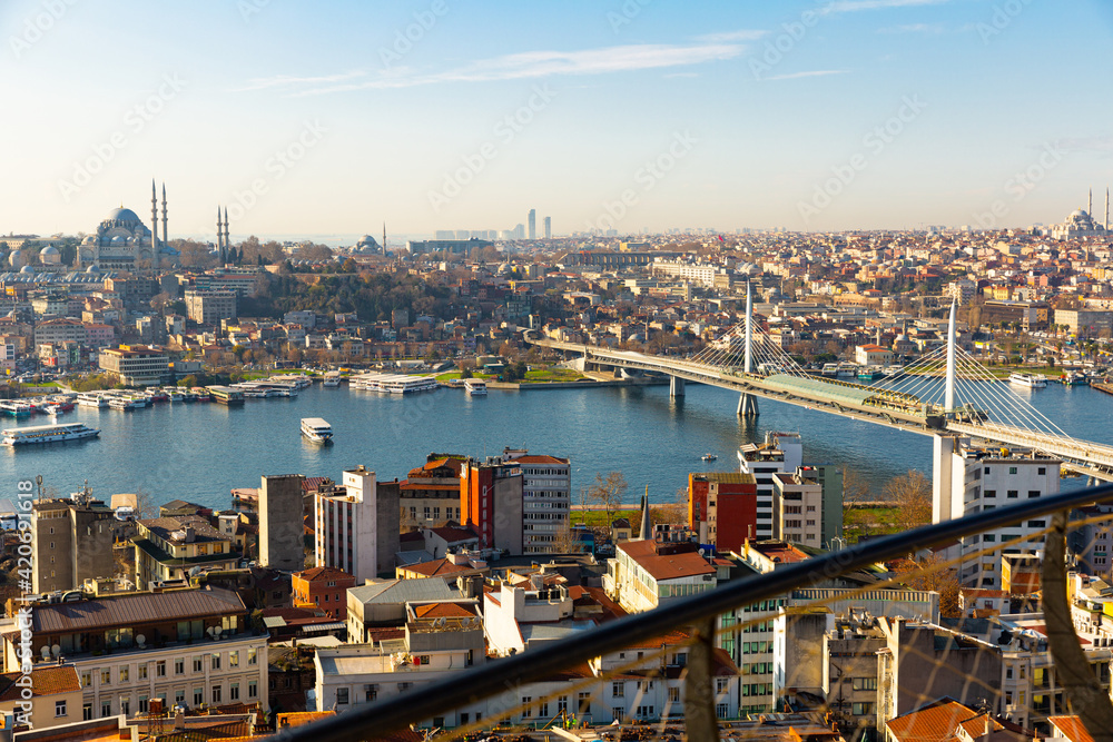 Panoramic view from Galata Tower on Istanbul bridges and the Golden Horn