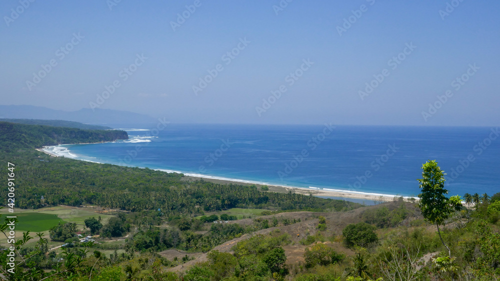 Scenic landscape view of the coastline of Sumba island overlooking the Indian Ocean, Lamboya, East Nusa Tenggara, Indonesia