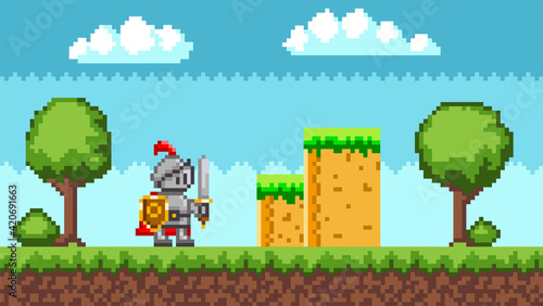 Pixel-game knight character. Pixelated natural landscape with warrior holding shield and sword