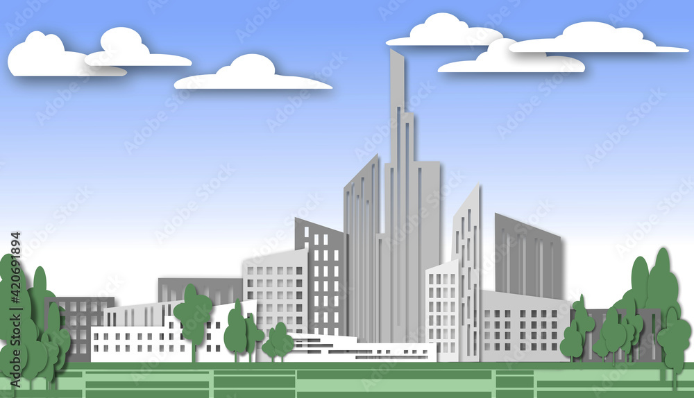 Paper skyscrapers and trees illustration. Achitectural buildings in panoramic view.