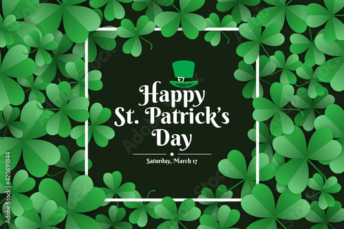 Happy St. Patrick's day background with green leaves and thin rectangular lines.