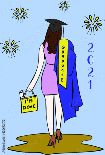Vector of young woman success graduation and diploma in bag. Celebration card for bachelor degree greeting. Illustration of girl student ware hat celebrate with joyful, qualification mba class.