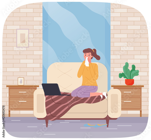 Sick girl on self-isolation is working freelance. Woman having cold is sitting on sofa with laptop