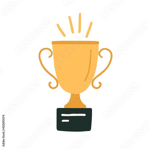 Shiny gold cup or goblet for champion of sport competition. Golden trophy of winner. Symbol of first place, leadership and victory. Colored flat vector illustration isolated on white background