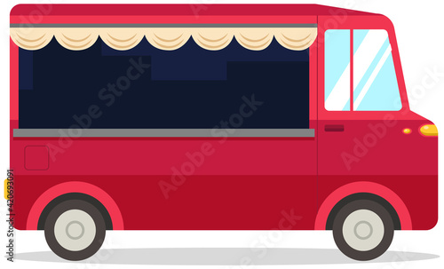 Street food van, cafe on wheels isolated on white background. Outdoor bar built into vehicle