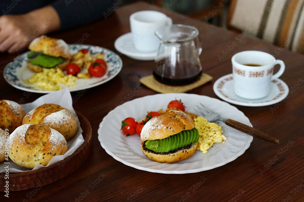 Relaxing breakfast and coffee on the table in a Japanese-style home atmosphere Relaxing breakfast and coffee on the table in a Japanese-style home atmosphere