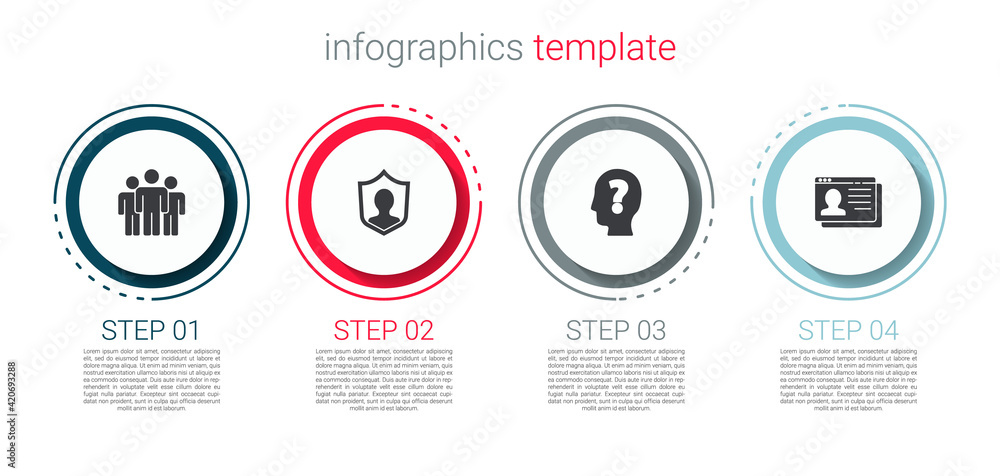 Set Users group, protection, Head with question mark and Resume. Business infographic template. Vector