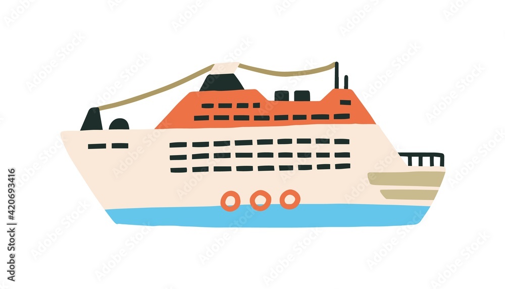 Multi-deck cruise ship or ferry in Scandinavian style. Passenger sea vessel isolated on white background. Colored flat vector illustration of giant marine transport